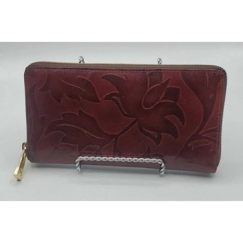 Valentina Genuine Embossed Floral Pattern Design Dark Red Leather Wallet Italy